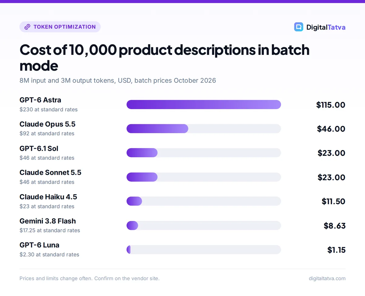 Bar chart of batch costs for 10,000 product descriptions: GPT-6 Astra $115, Claude Opus 5.5 $46, GPT-6.1 Sol $23, Claude Sonnet 5.5 $23, Claude Haiku 4.5 $11.50, Gemini 3.8 Flash $8.63, GPT-6 Luna $1.15