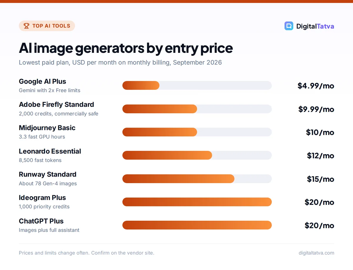 Bar chart of AI image generator starting prices: Google AI Plus $4.99, Adobe Firefly Standard $9.99, Midjourney Basic $10, Leonardo Essential $12, Runway Standard $15, Ideogram Plus $20, ChatGPT Plus $20 per month