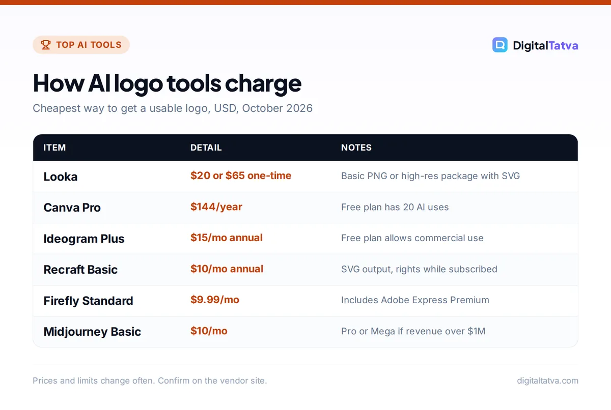 Table of AI logo tool prices: Looka $20 or $65 one-time, Canva Pro $144 per year, Ideogram Plus $15 per month annual, Recraft Basic $10 per month annual, Firefly Standard $9.99 per month, Midjourney Basic $10 per month
