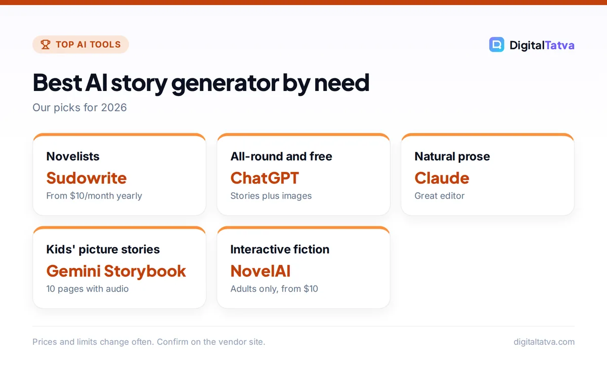 Cards showing the best AI story generator for novelists, free use, natural prose, kids' stories and interactive fiction
