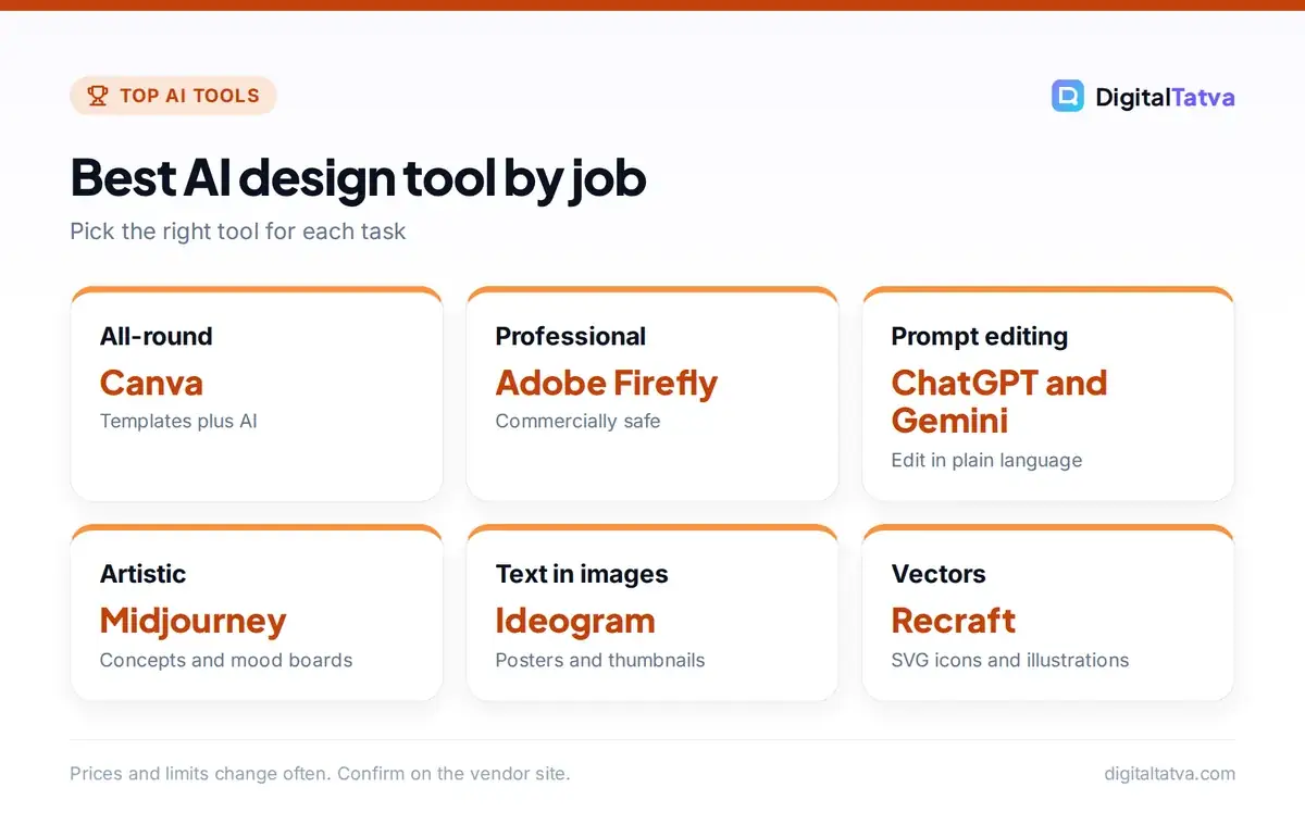 Best AI graphic design tool by job: Canva, Adobe Firefly, ChatGPT and Gemini, Midjourney, Ideogram and Recraft
