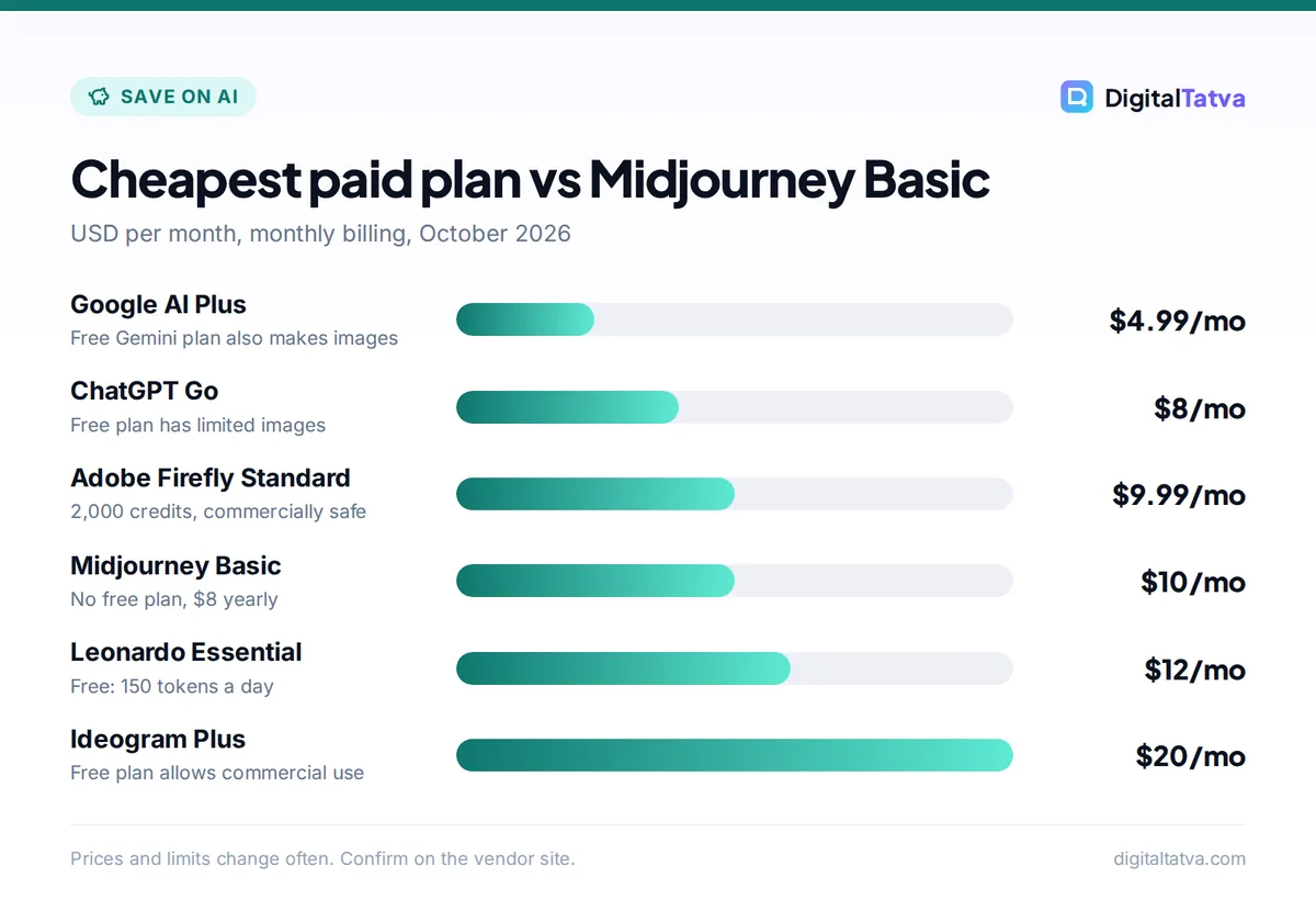 Bar chart comparing cheapest paid image plans: Google AI Plus $4.99, ChatGPT Go $8, Firefly Standard $9.99, Midjourney Basic $10, Leonardo Essential $12, Ideogram Plus $20