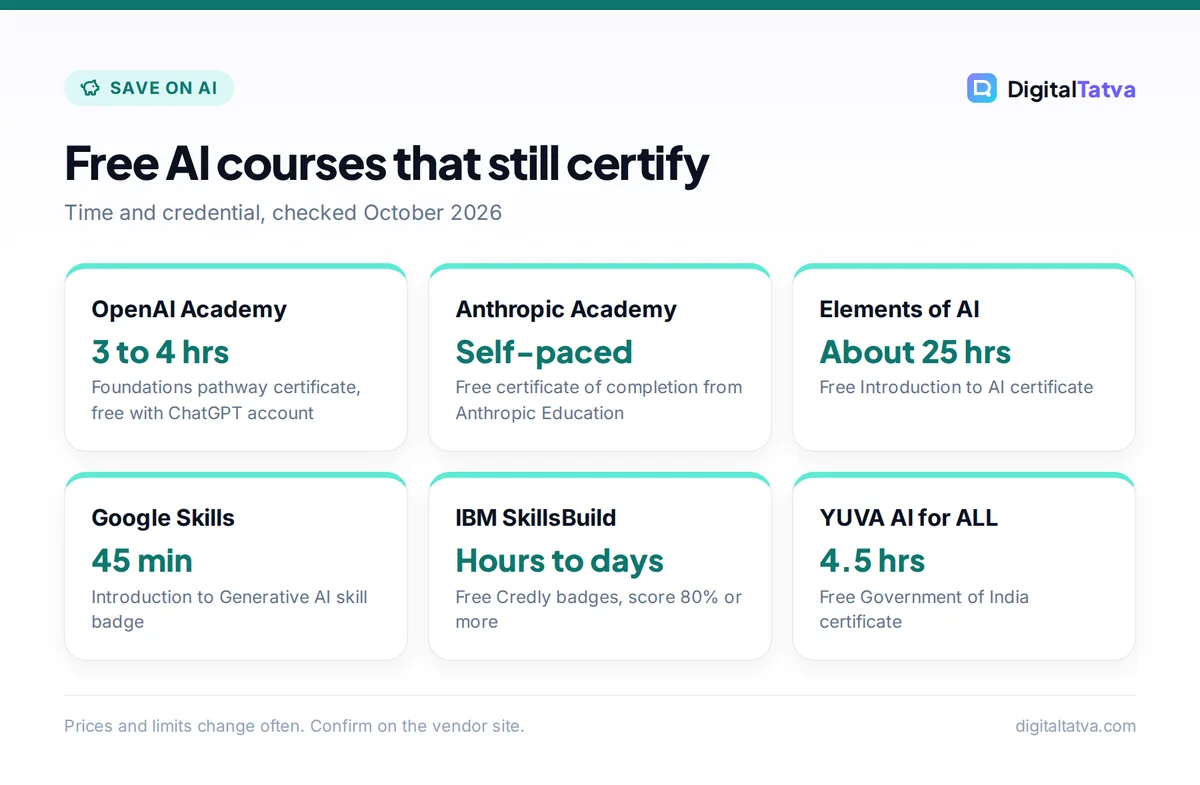Cards comparing free AI courses with certificates: OpenAI Academy 3 to 4 hours, Anthropic Academy self-paced, Elements of AI 25 hours, Google Skills 45 minutes, IBM SkillsBuild badges, YUVA AI for ALL 4.5 hours