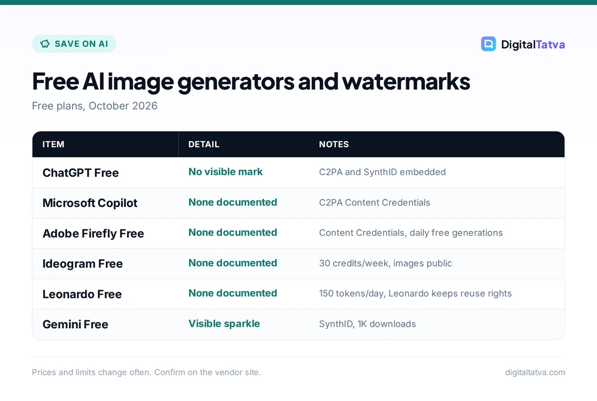 Table comparing free AI image generators by visible watermark: ChatGPT, Copilot, Firefly, Ideogram and Leonardo without visible marks, Gemini with a sparkle