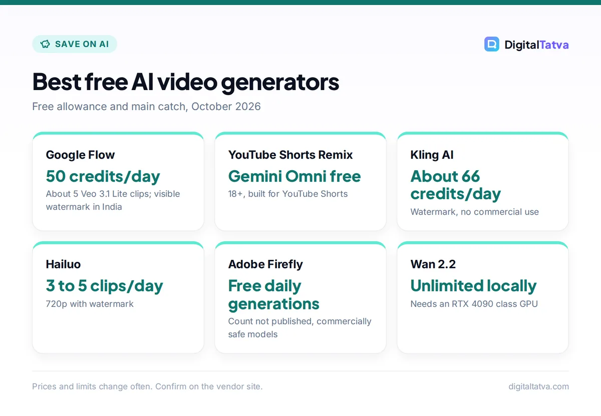 Cards comparing free AI video generators: Google Flow 50 credits a day, YouTube Shorts Remix free Gemini Omni, Kling about 66 credits, Hailuo 3 to 5 clips, Adobe Firefly free daily generations, Wan 2.2 unlimited locally