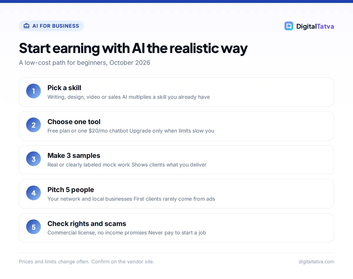 Five steps to make money with AI: pick a skill, choose one tool, make three samples, pitch five people, check rights and avoid scams