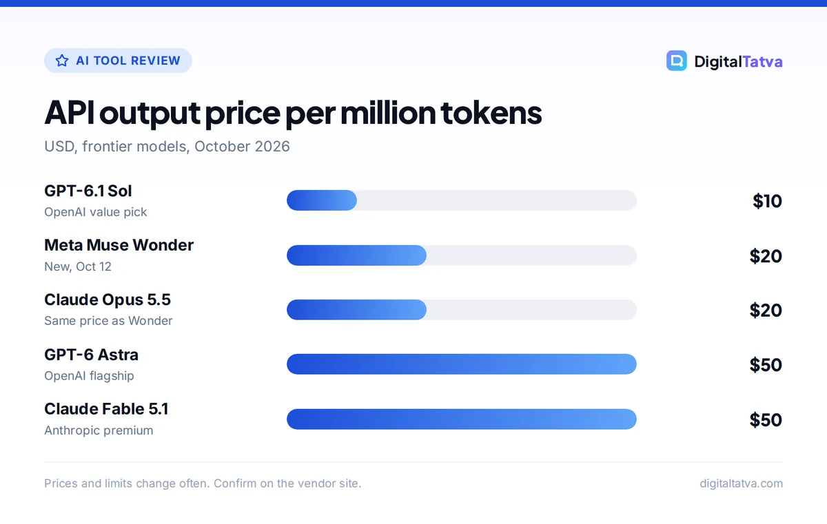 Bar chart of output prices per million tokens: GPT-6.1 Sol , Meta Muse Wonder , Claude Opus 5.5 , GPT-6 Astra , Claude Fable 5.1