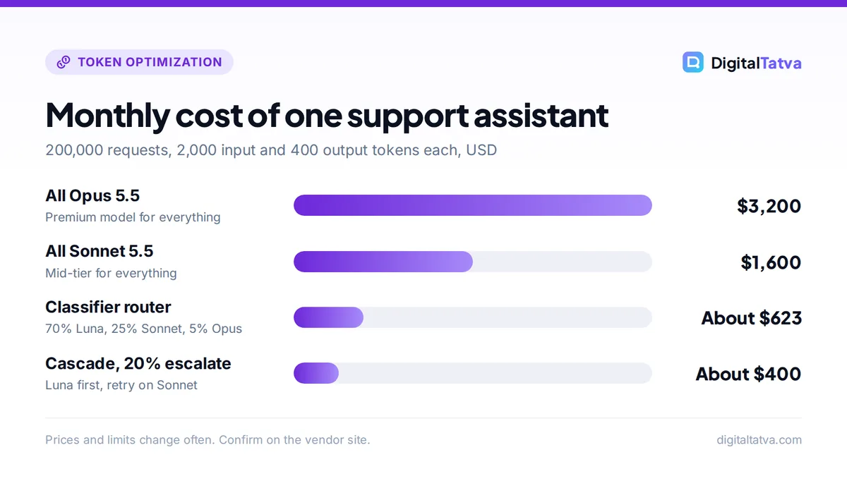Bar chart of monthly costs: all Opus 5.5 $3,200, all Sonnet 5.5 $1,600, classifier router about $623, cascade about $400