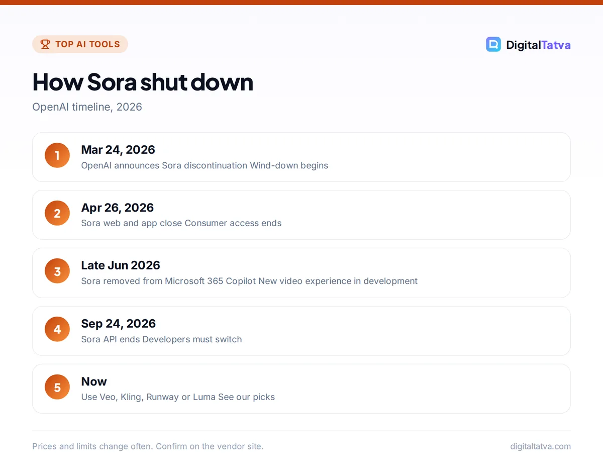 Timeline of the Sora shutdown from March to September 2026 and the switch to alternatives